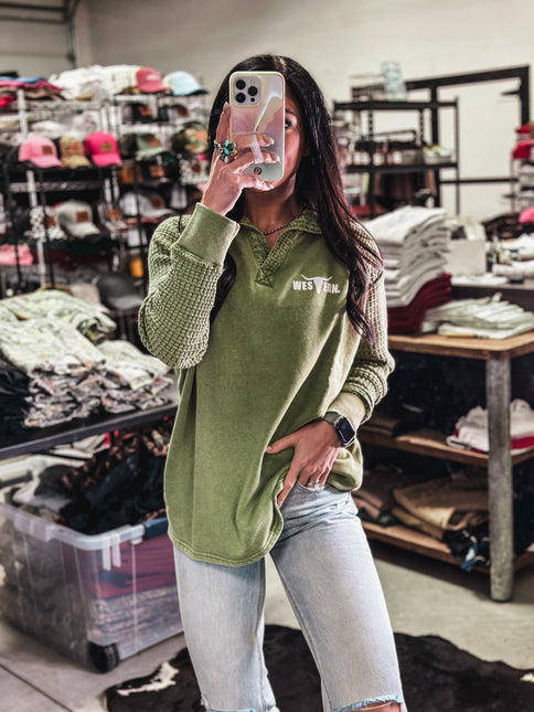 Brand Waffle Knit Pullover - Green Olive